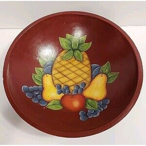 Wooden Colorful Bowl W Handpainted Fruit 11" GLossy Pinapple Grapes Pear Apple